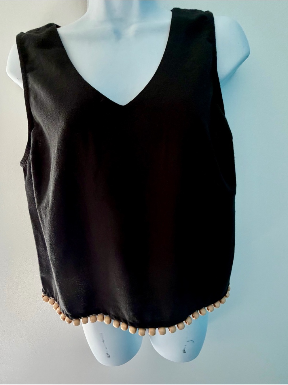 Black V-Neck Tank with Wooden Bead Hem
